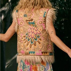 NWT Spell RUE Embroidered Vest in Tan, Pink & Teal peacock & faux fur
